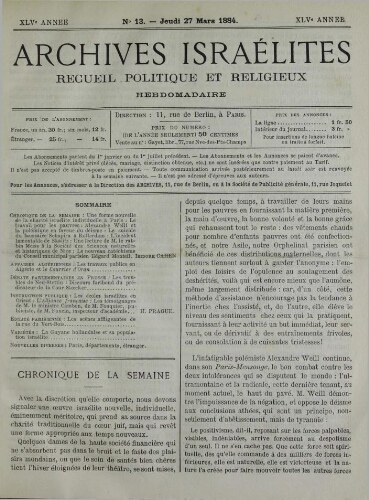 Archives israélites de France. Vol.45 N°13 (27 mars 1884)
